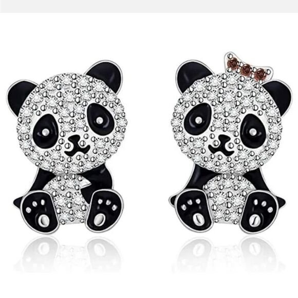 Panda Bear Silver Earrings NEW - Picture 1 of 2
